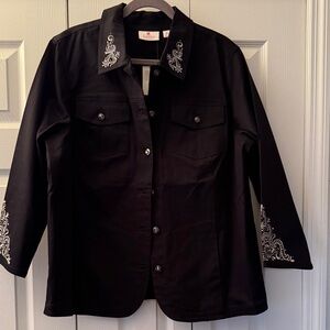 Quacker Factory Black Embroidered Blazer with rhinestone accents and buttons.